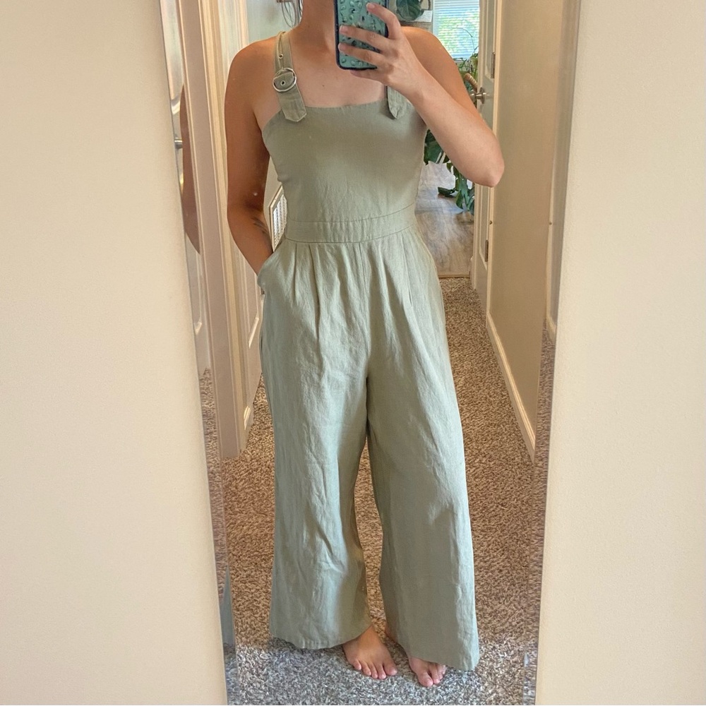 JAPNA Romper Jumpsuit, Sz Medium, Moss Green Buckle Straps Smocked Back